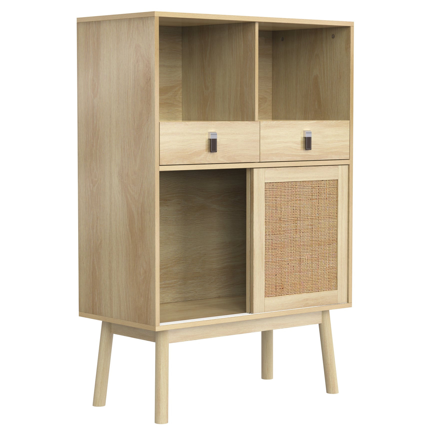 Modernes Holzbuffet mit hohem hochstilem Stil mit natürlichen Rattan -Türen, 2 Schubladen und 2 offenen Nischen - 80x39.5x120 cm