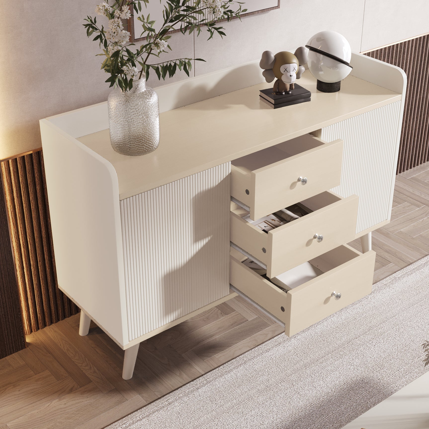 Modern white and wood buffet with 3 drawers and sliding doors with slats