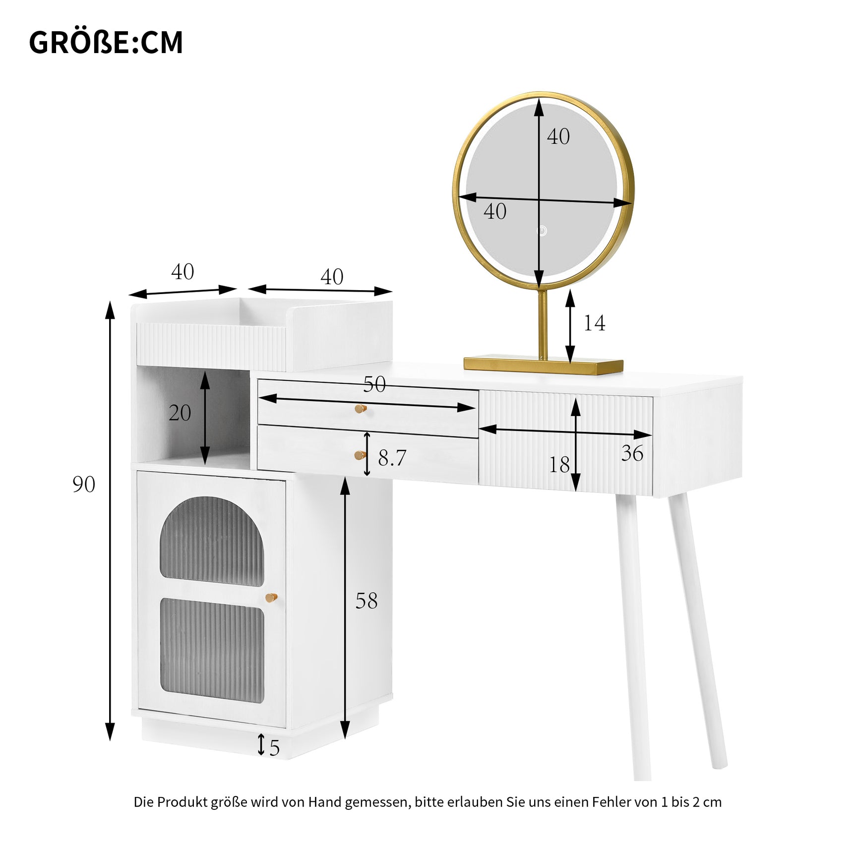 Dimensiones con espejo LED de 3 columnas, mesa de maquillaje de madera con 3 cajones y gabinete lateral, diseño extensible