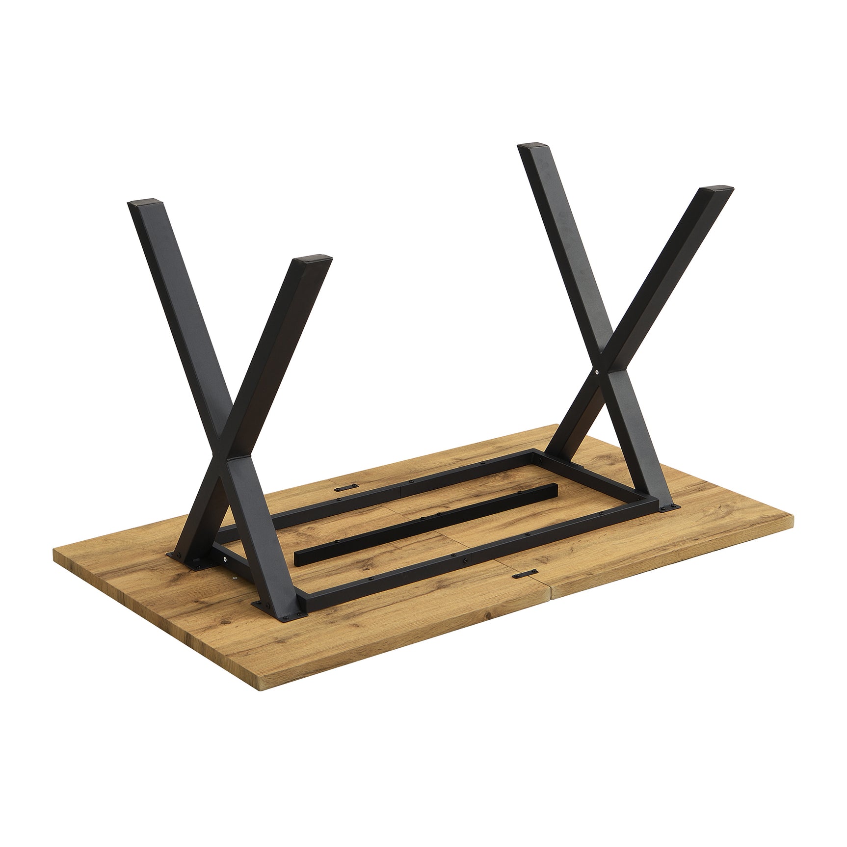 Modern industrial dining table 140x80 cm in oak effect with crossed feet in black metal