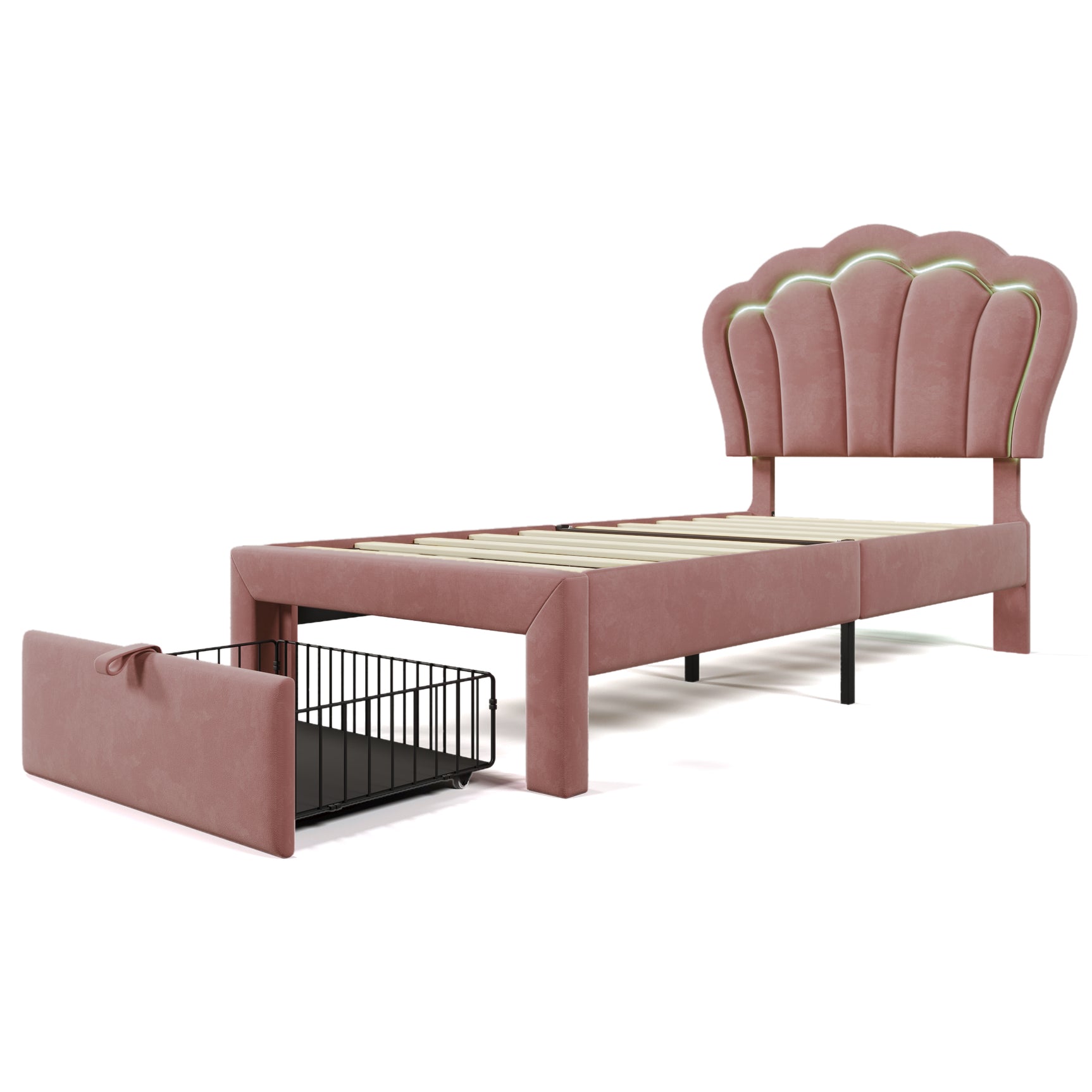 Lit enfant rembourré 90×190 cm avec LED et tiroir, velours rose (sans matelas)