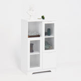 Buffet en MDF laqué blanc 65x30x100 cm avec portes vitrées, tiroir et espaces de rangement ouverts, idéal pour salon, chambre ou entrée