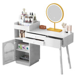 Dimensiones con espejo LED de 3 columnas, mesa de maquillaje de madera con 3 cajones y gabinete lateral, diseño extensible