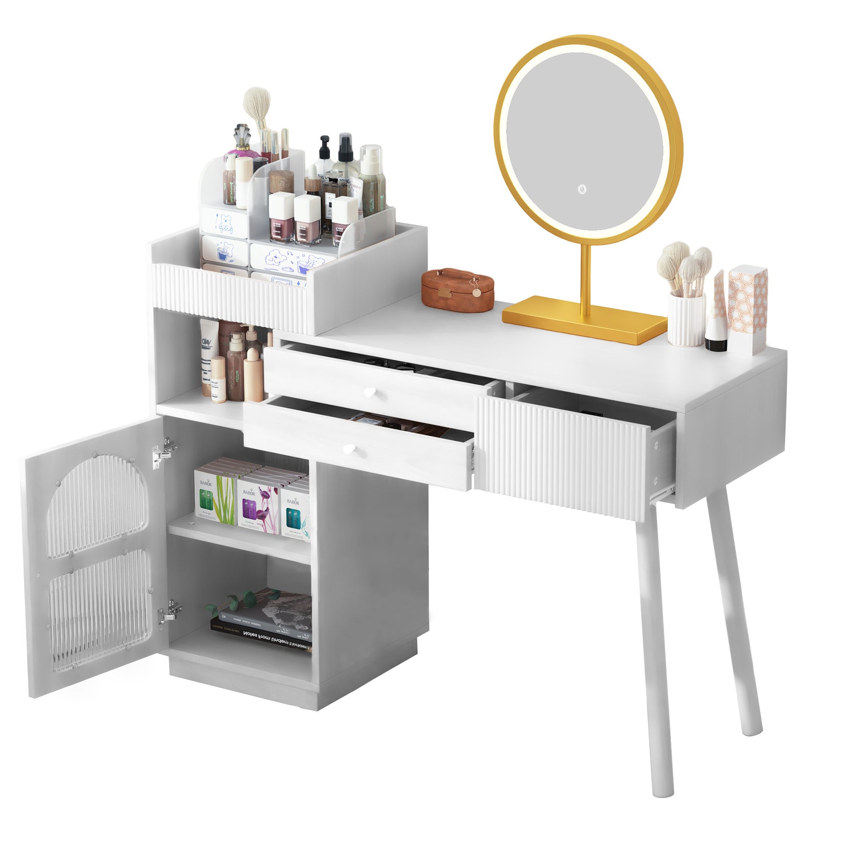 Dimensiones con espejo LED de 3 columnas, mesa de maquillaje de madera con 3 cajones y gabinete lateral, diseño extensible