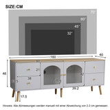 Meuble TV avec 4 tiroirs et 2 portes vitrées en verre trempé, design moderne blanc et bois naturel