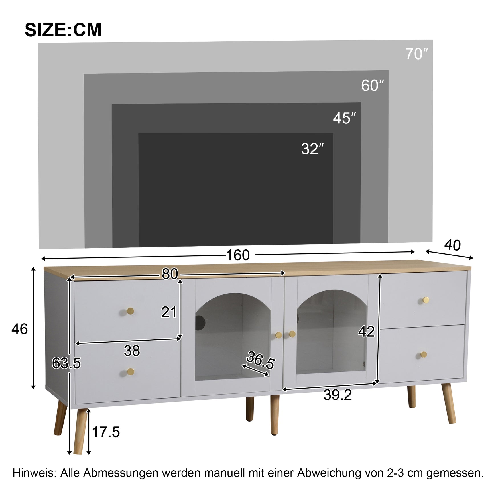 Meuble TV avec 4 tiroirs et 2 portes vitrées en verre trempé, design moderne blanc et bois naturel