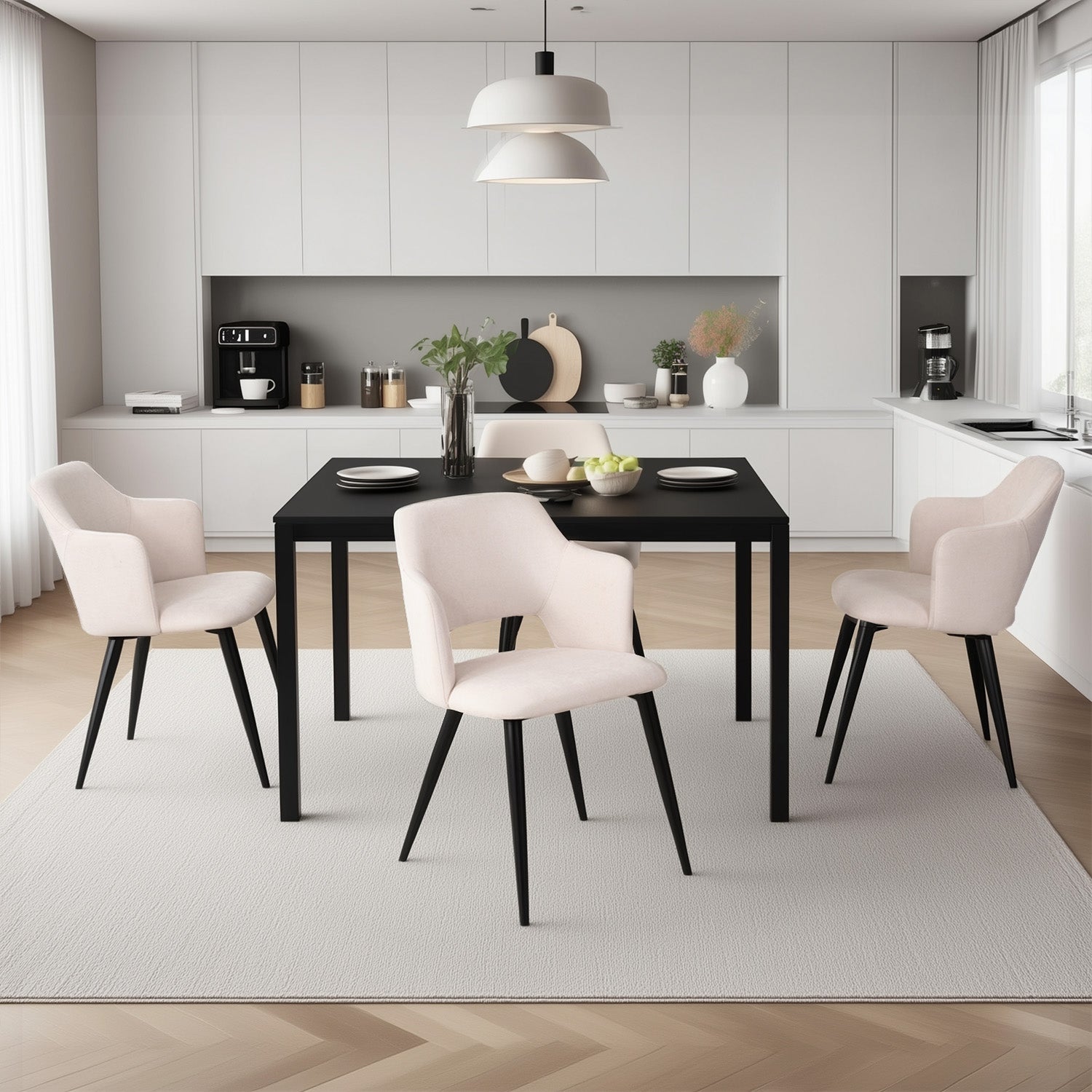 Round Table Table Table Table Timber Ø80 cm with 4 black velvet chairs, modern and comfortable style