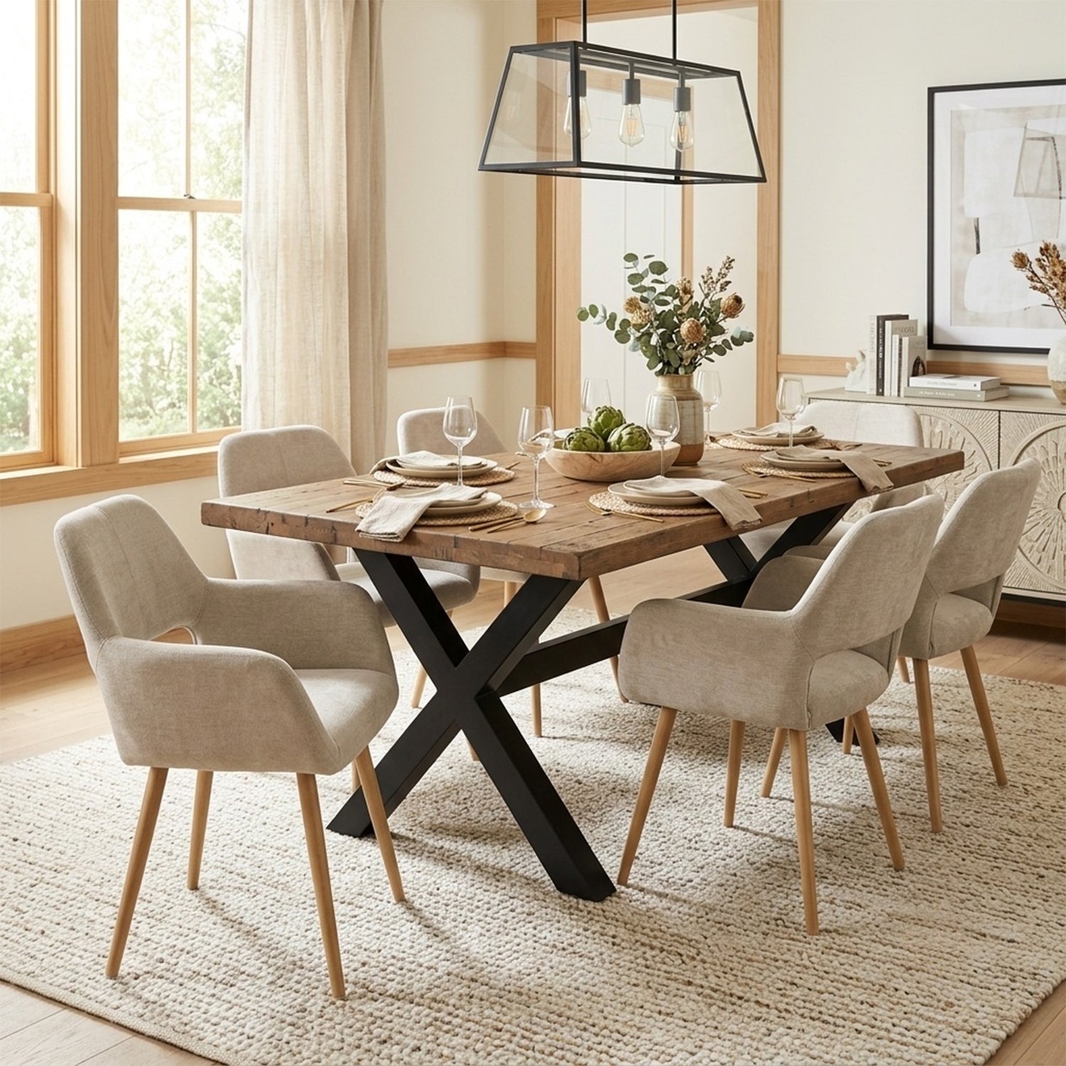 Lot de 6 fauteuils de salle à manger scandinaves avec accoudoirs en tissu beige - CROMWELL
