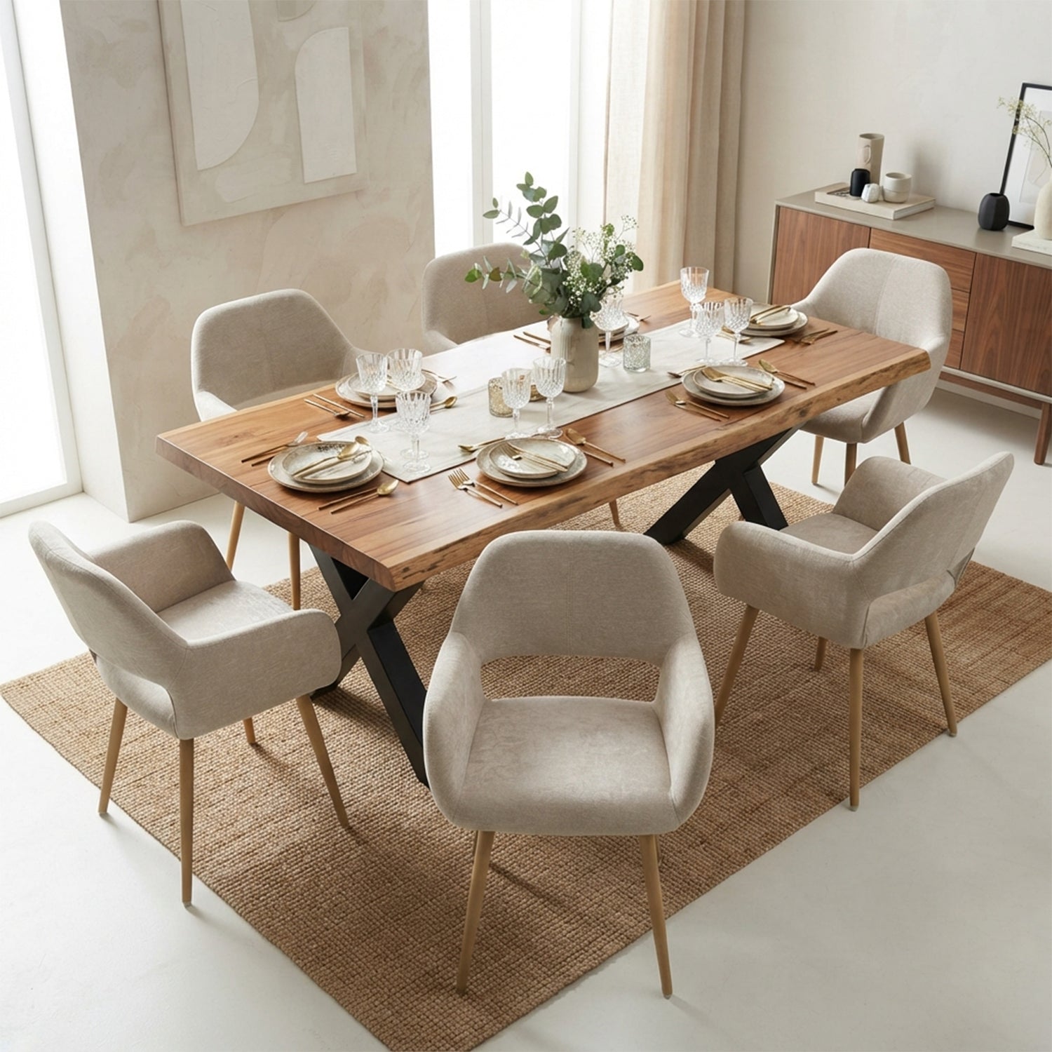 Lot de 6 fauteuils de salle à manger scandinaves avec accoudoirs en tissu beige - CROMWELL