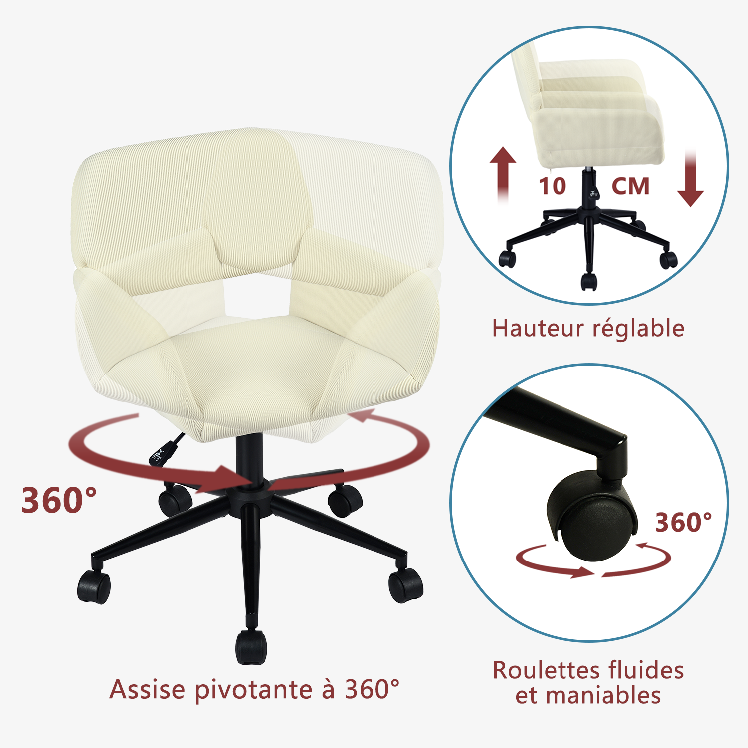 Ensemble avec bureau pliable blanc à roulettes et fauteuil en velours côtelé beige ââ‚?ASCOLI & ROSS