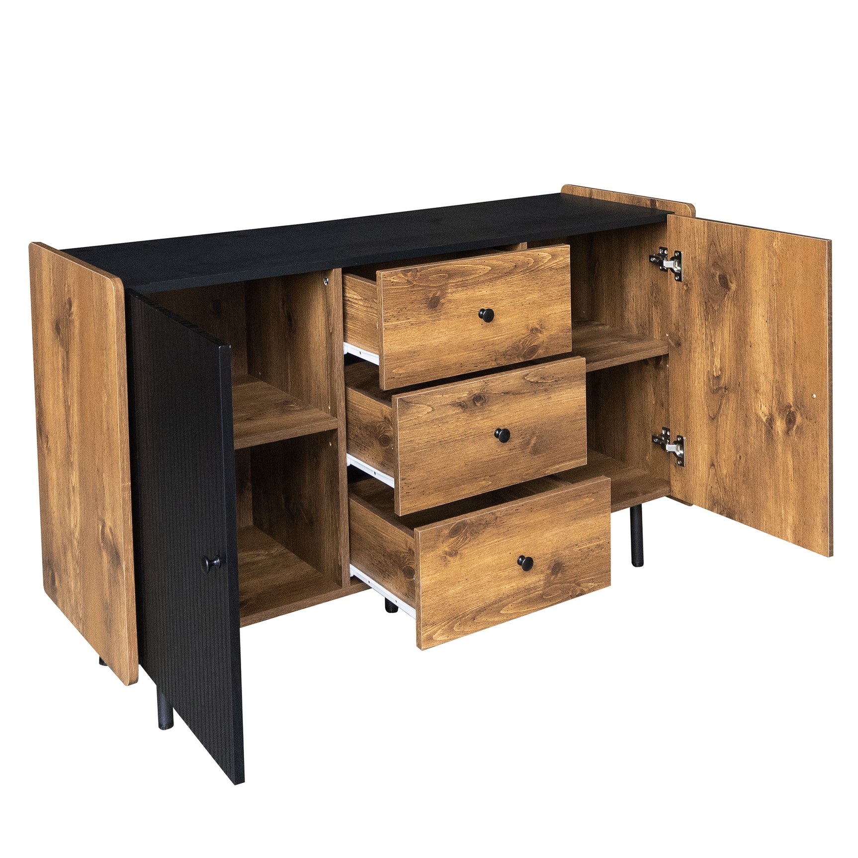 Modernes Buffet 120 cm Schwarz und Holz mit 2 Türen und 3 Schubladen, Design -Sideboard mit großem Stauraum