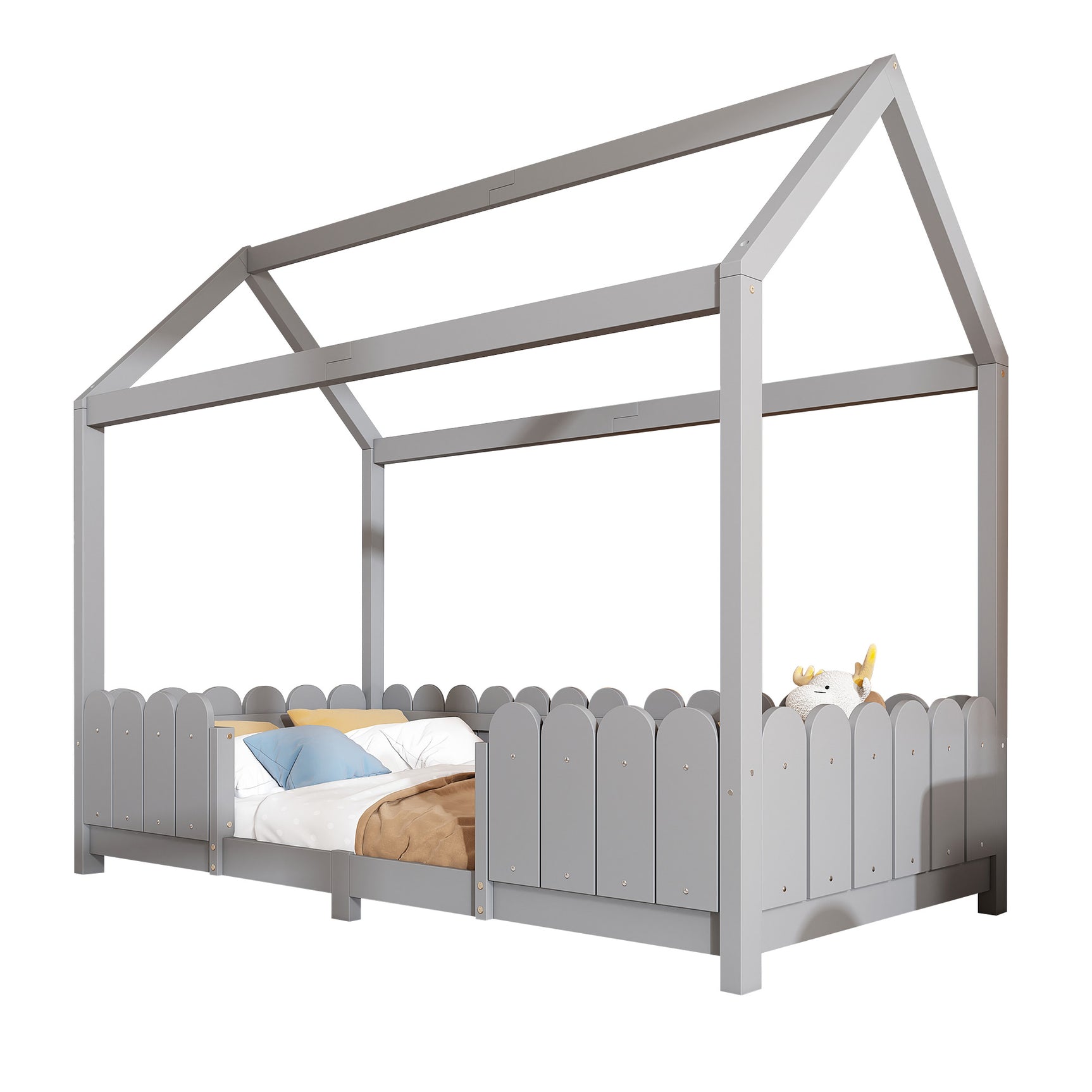 Kinder-Kabinenbett 90x200 cm grau aus Massivholz mit Sicherheitsgeländer und Lattenrost (ohne Matratze)