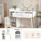 Dimensiones con espejo LED de 3 columnas, mesa de maquillaje de madera con 3 cajones y gabinete lateral, diseño extensible
