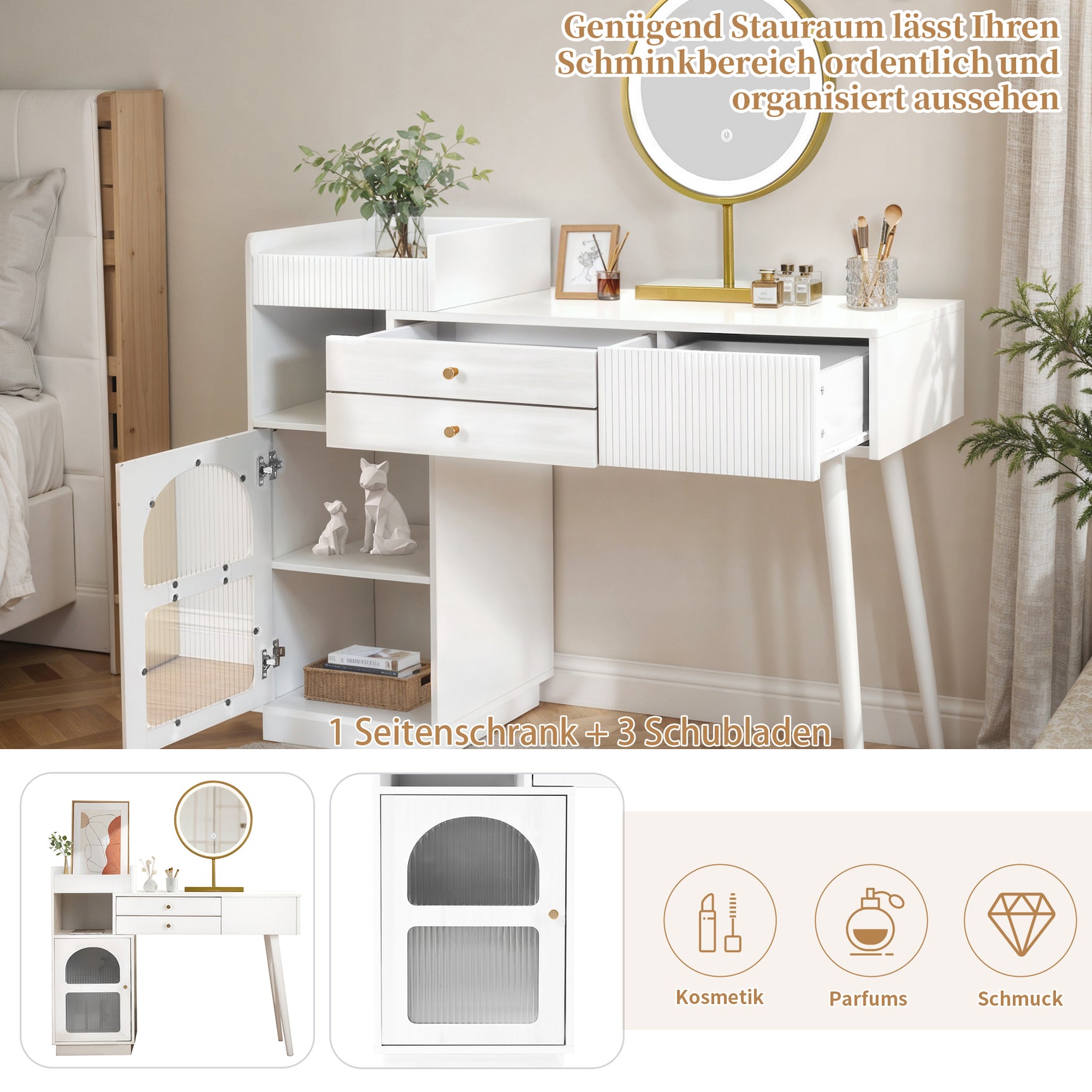 Dimensiones con espejo LED de 3 columnas, mesa de maquillaje de madera con 3 cajones y gabinete lateral, diseño extensible