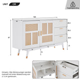 Buffet de ratán blanco decorativo con 2 puertas de ratán y 3 cajones, elegante unidad de almacenamiento multifunción con detalles dorados, 160x40x87 cm