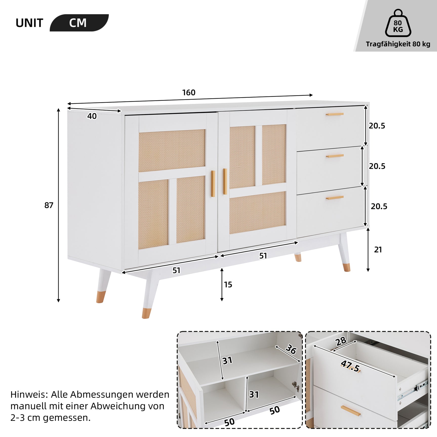 Buffet de ratán blanco decorativo con 2 puertas de ratán y 3 cajones, elegante unidad de almacenamiento multifunción con detalles dorados, 160x40x87 cm