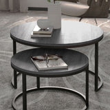 Lot de 2 tables basses rondes empilables avec plateau effet bois et structure en métal noir