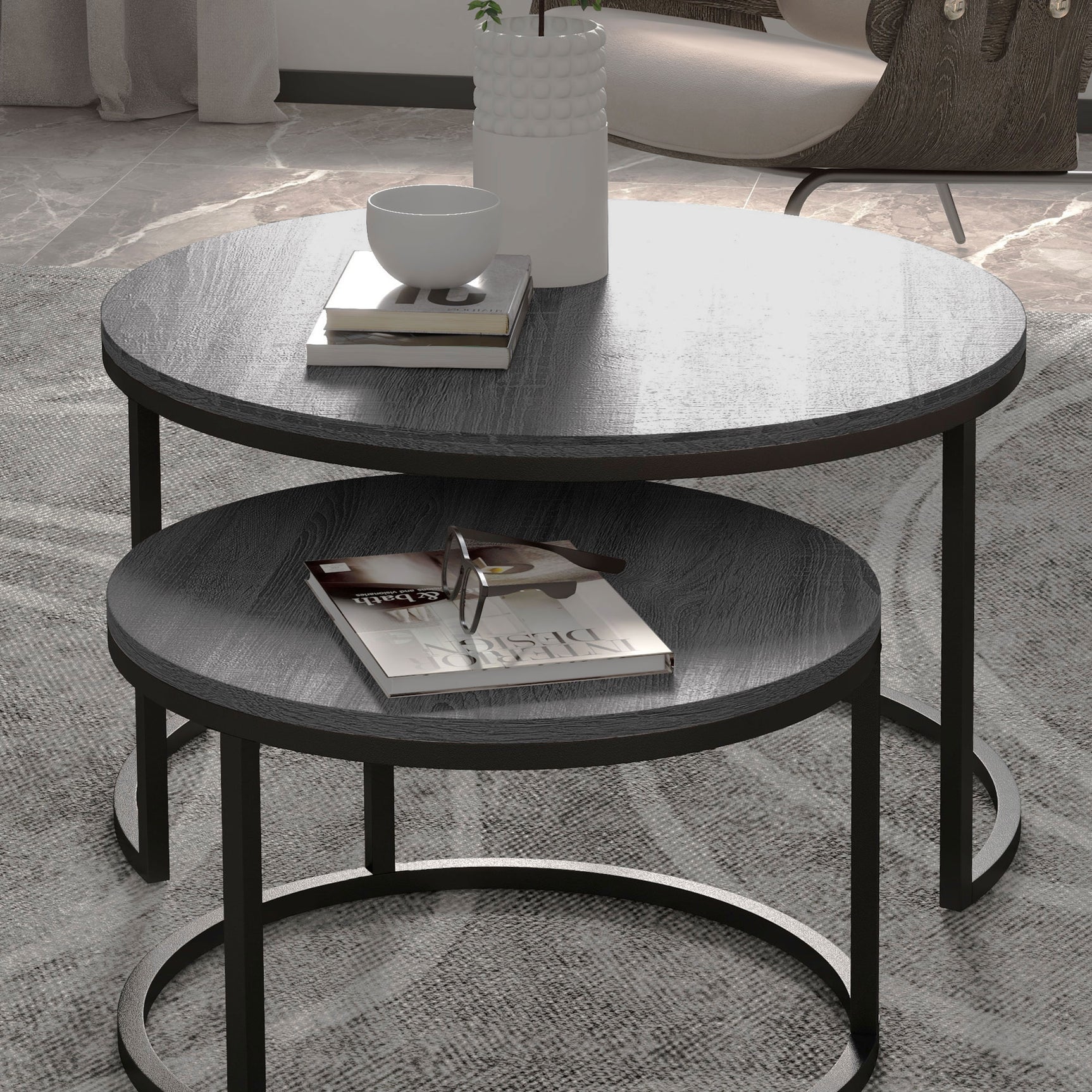 Lot de 2 tables basses rondes empilables avec plateau effet bois et structure en métal noir