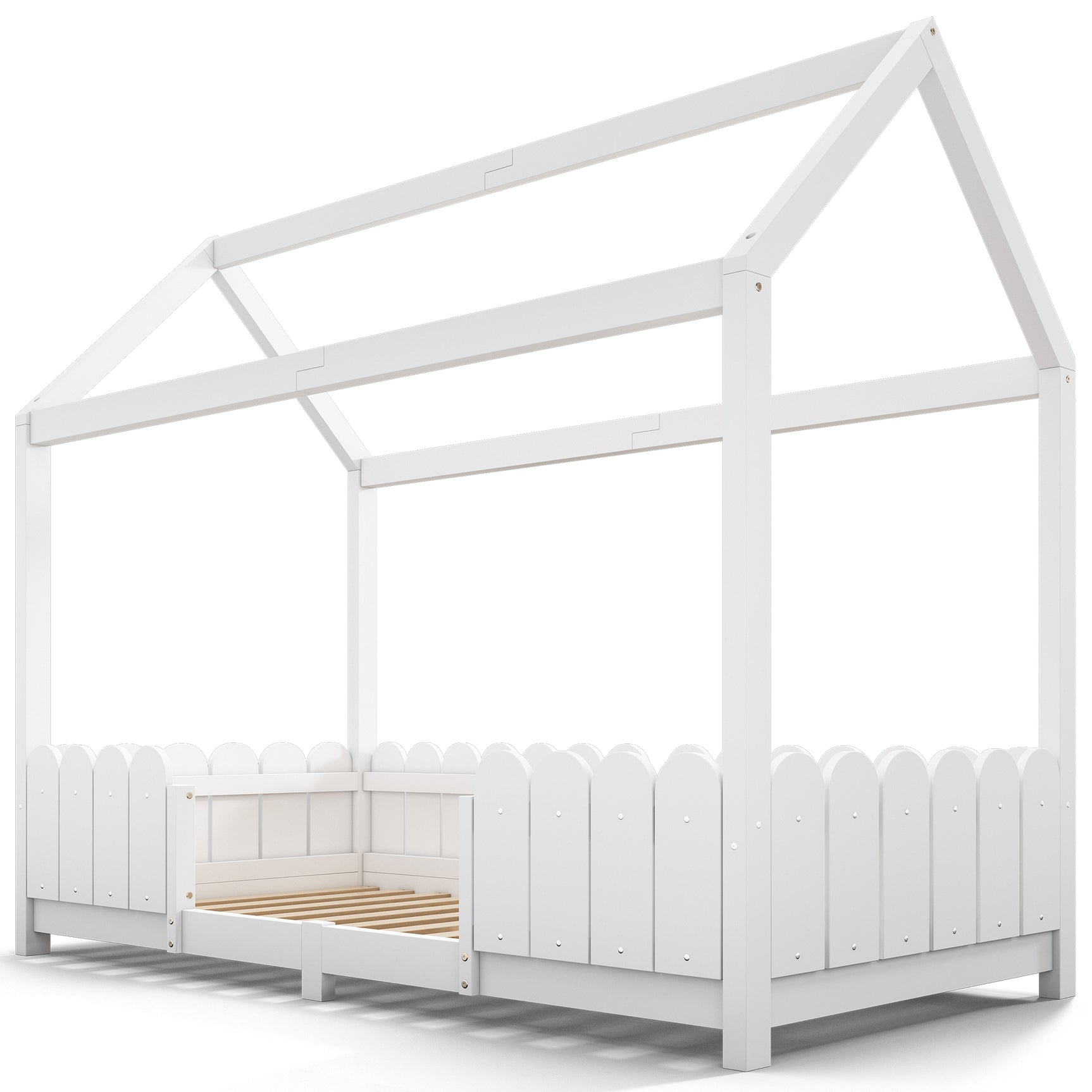 Kinderkabine 90x200 cm weiß in festem Holz mit Sicherheitsbarrieren und Schleiferboxen (ohne Matratzen)
