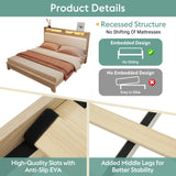 Lit double 160x200 cm en bois avec sommier, tête de lit avec LED intégrées, dossier rembourré en tissu côtelé beige et espace de rangement pratique (matelas non inclus)