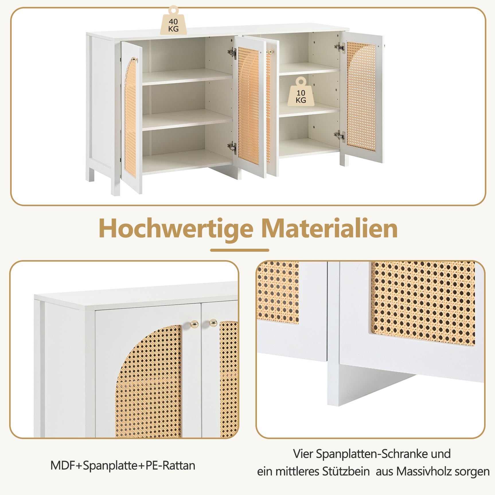 Buffet blanco moderno en MDF con 4 puertas de ratán y manijas de metal