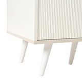 Modern white and wood buffet with 3 drawers and sliding doors with slats