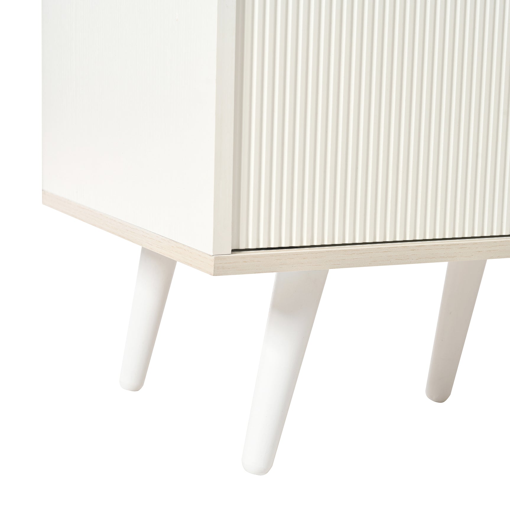 Modern white and wood buffet with 3 drawers and sliding doors with slats