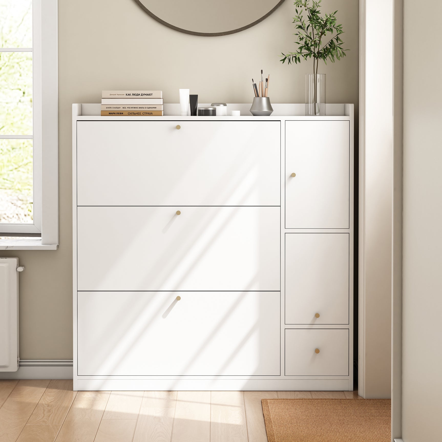 Weißer Schuhschrank 119x24x122 cm mit 3 kippbaren Schubladen, Aufbewahrungsschublade, verstellbaren Einlegeböden und Klappbank