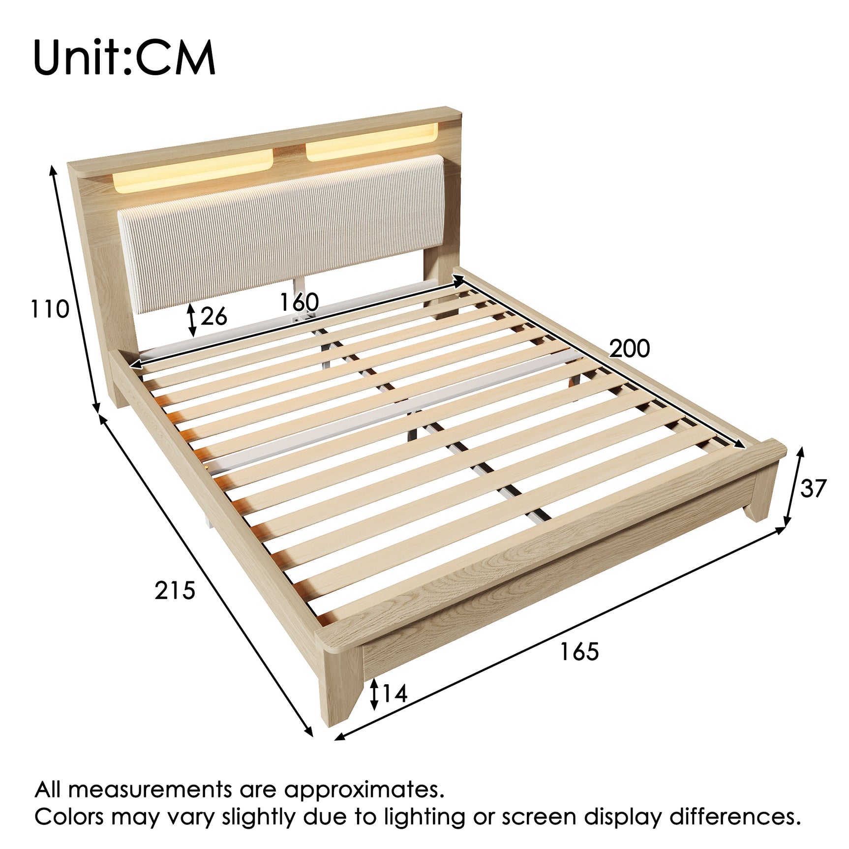 Lit double 160x200 cm en bois avec sommier, tête de lit avec LED intégrées, dossier rembourré en tissu côtelé beige et espace de rangement pratique (matelas non inclus)