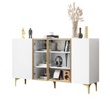 Buffet moderne 4 portes blanc avec verre trempé et pieds en métal doré, design minimaliste avec grand espace de rangement
