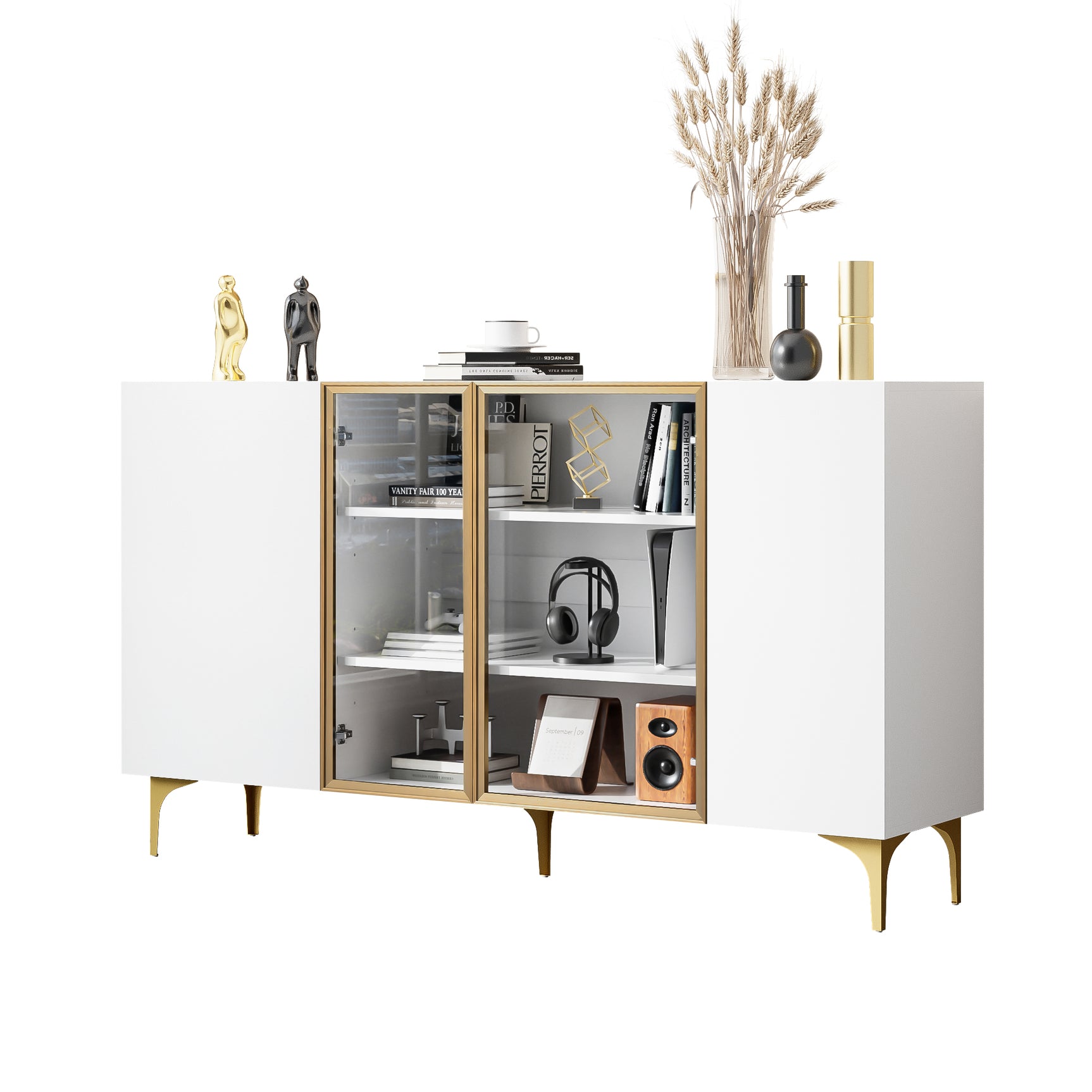 Buffet moderne 4 portes blanc avec verre trempé et pieds en métal doré, design minimaliste avec grand espace de rangement