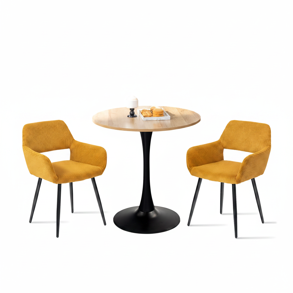 Ensemble de salle à manger de style scandinave comprenant une table ronde en chêne et 2 chaises en velours côtelé jaune