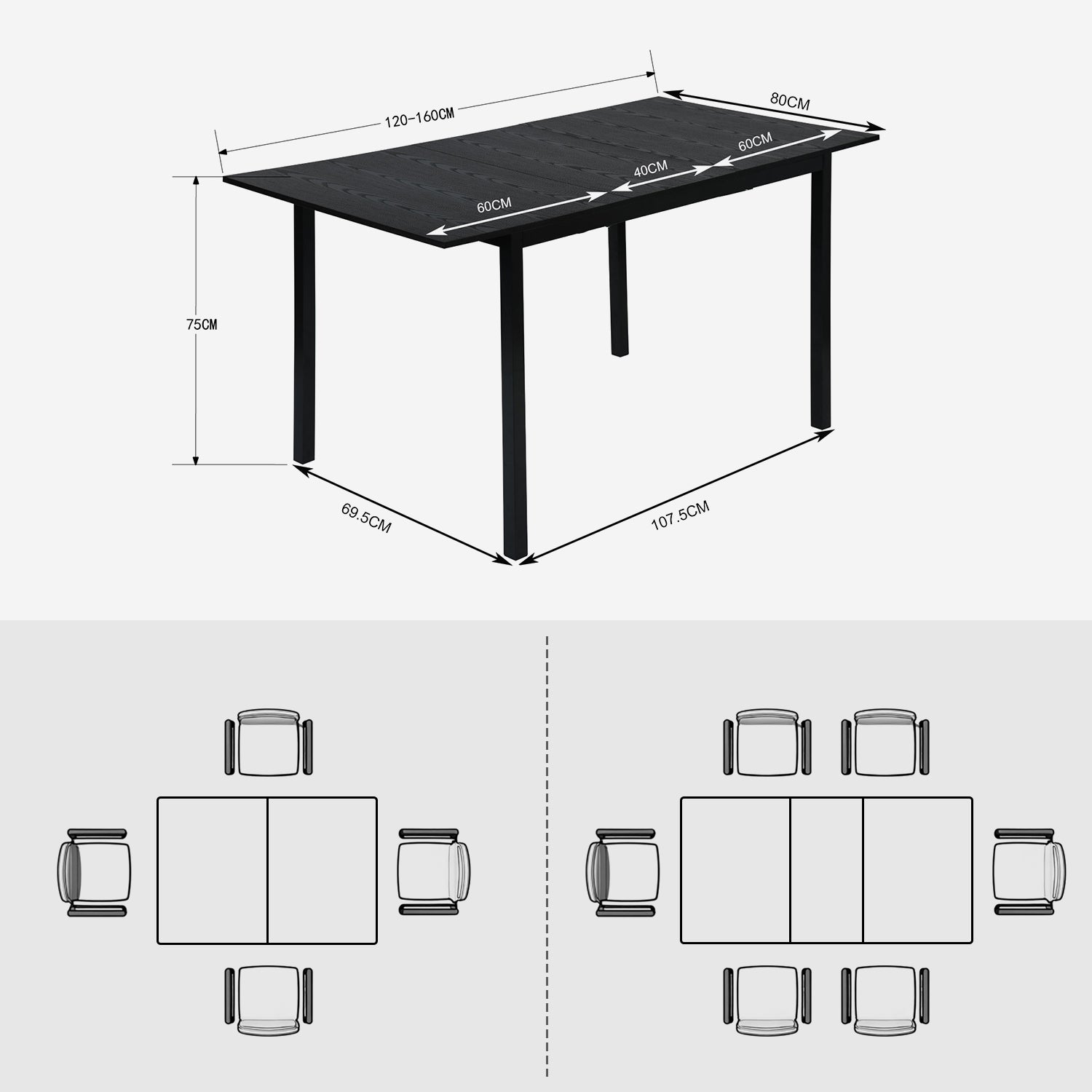 Round Table Table Table Table Timber Ø80 cm with 4 black velvet chairs, modern and comfortable style