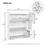 Weißer Schuhschrank 119x24x122 cm mit 3 kippbaren Schubladen, Aufbewahrungsschublade, verstellbaren Einlegeböden und Klappbank