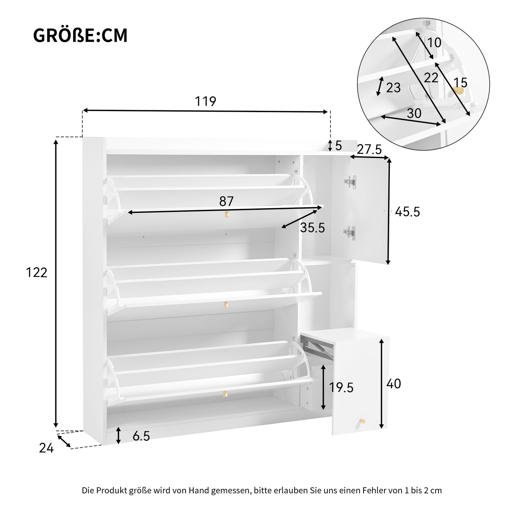 Weißer Schuhschrank 119x24x122 cm mit 3 kippbaren Schubladen, Aufbewahrungsschublade, verstellbaren Einlegeböden und Klappbank