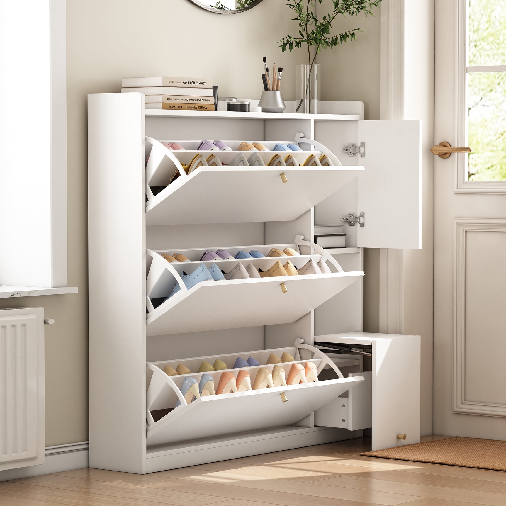 Weißer Schuhschrank 119x24x122 cm mit 3 kippbaren Schubladen, Aufbewahrungsschublade, verstellbaren Einlegeböden und Klappbank