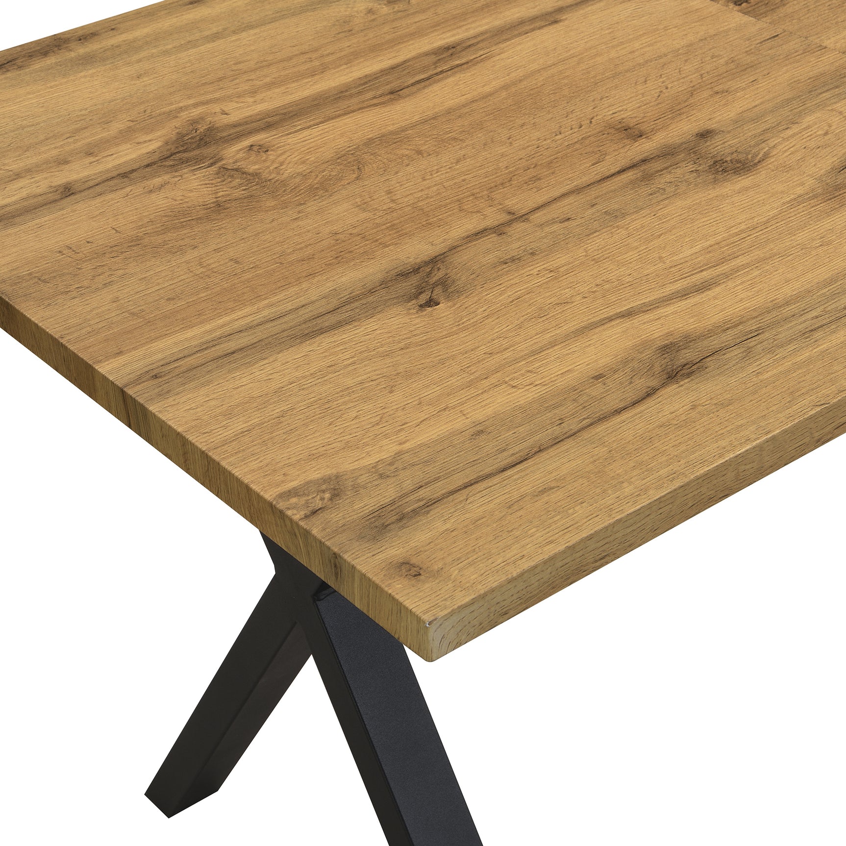 Modern industrial dining table 140x80 cm in oak effect with crossed feet in black metal