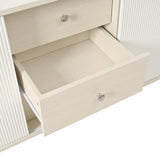 Modern white and wood buffet with 3 drawers and sliding doors with slats