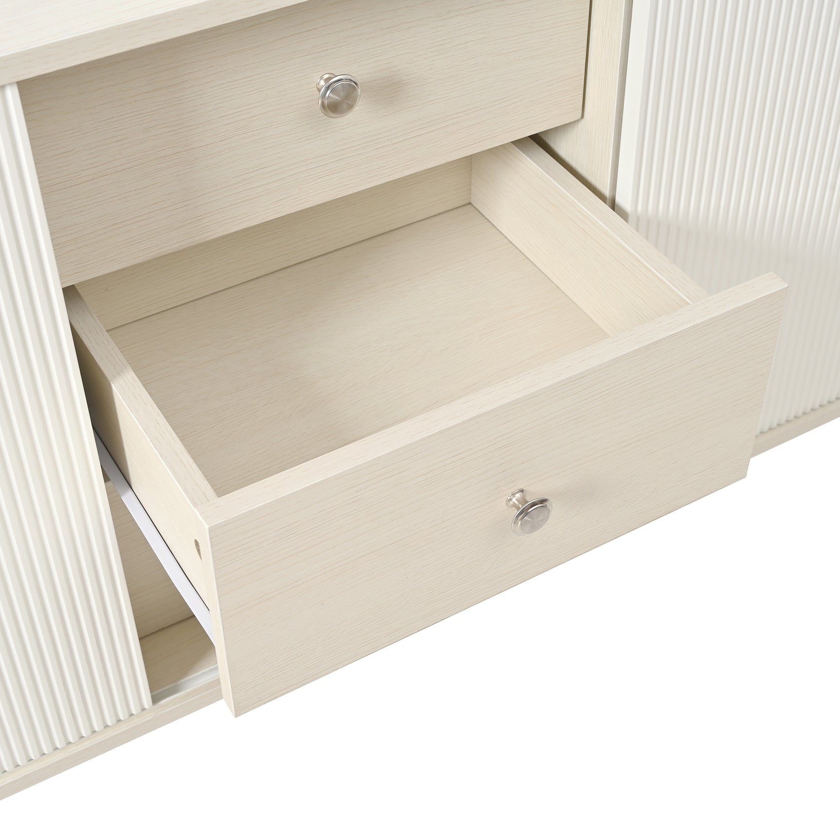 Modern white and wood buffet with 3 drawers and sliding doors with slats