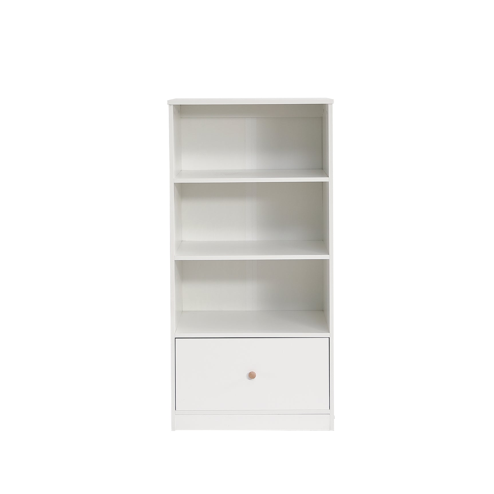 Bibliothèque blanche moderne avec 3 étagères et 1 tiroir au design minimaliste et rangement pratique