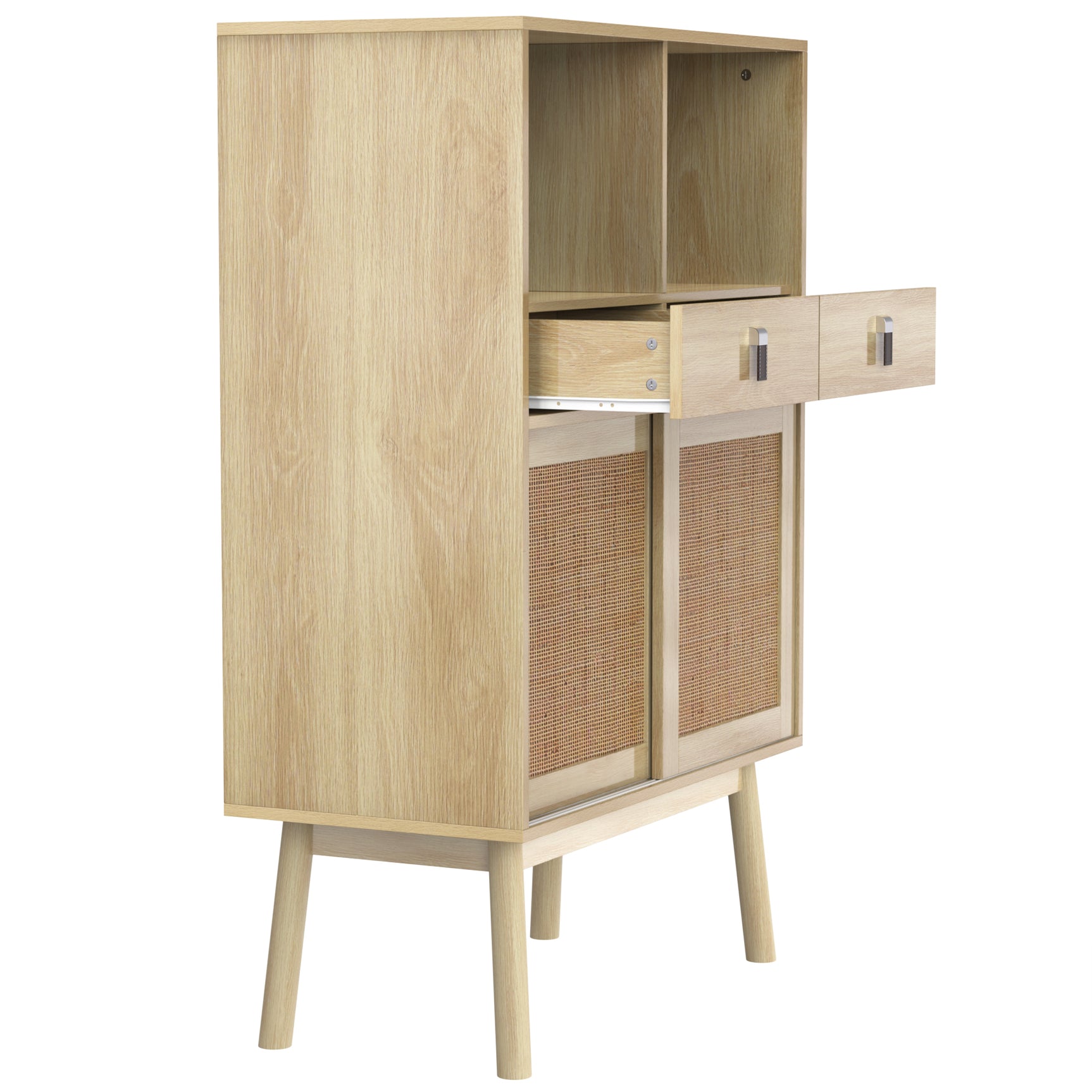 Modernes Holzbuffet mit hohem hochstilem Stil mit natürlichen Rattan -Türen, 2 Schubladen und 2 offenen Nischen - 80x39.5x120 cm