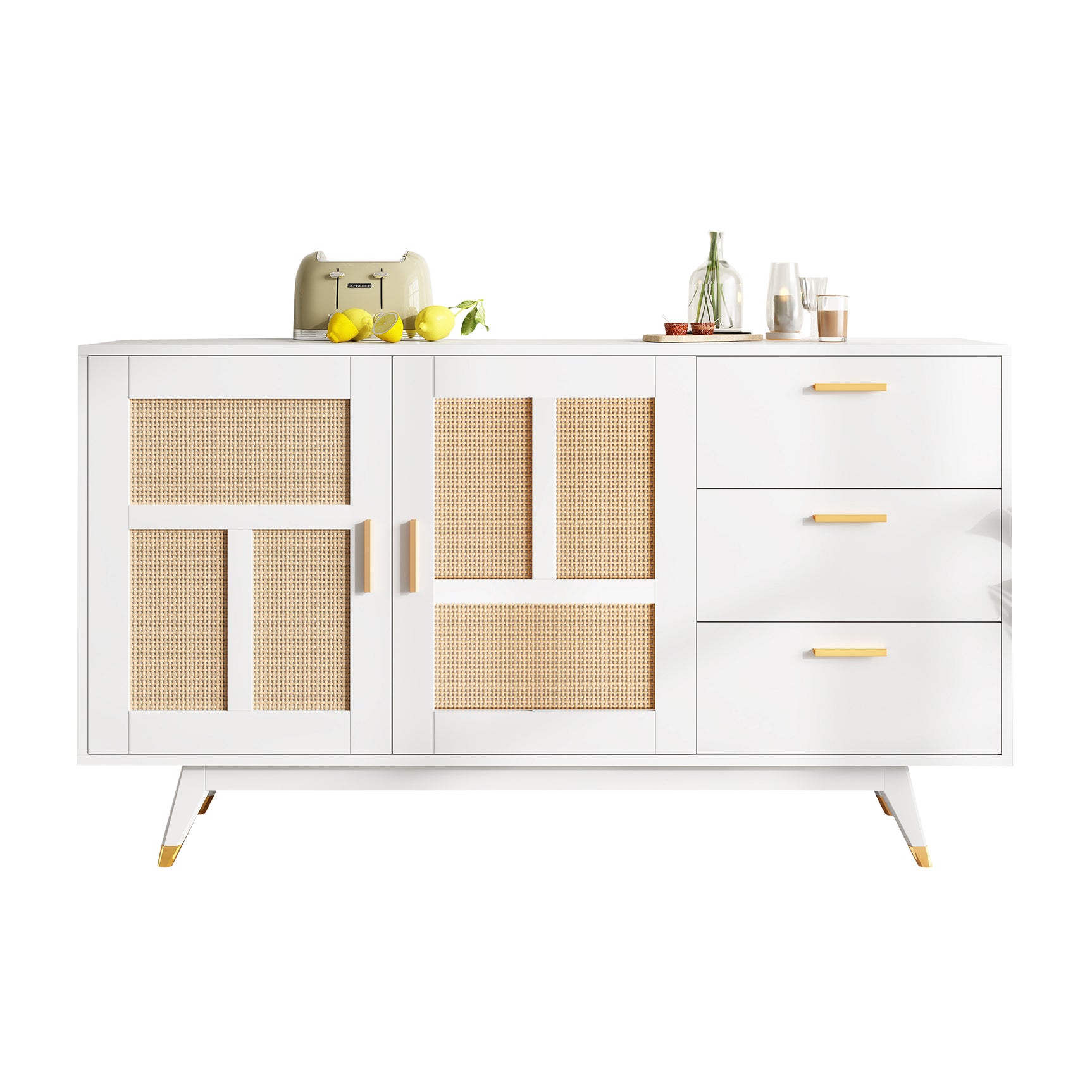 Buffet de ratán blanco decorativo con 2 puertas de ratán y 3 cajones, elegante unidad de almacenamiento multifunción con detalles dorados, 160x40x87 cm
