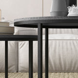 Lot de 2 tables basses rondes empilables avec plateau effet bois et structure en métal noir
