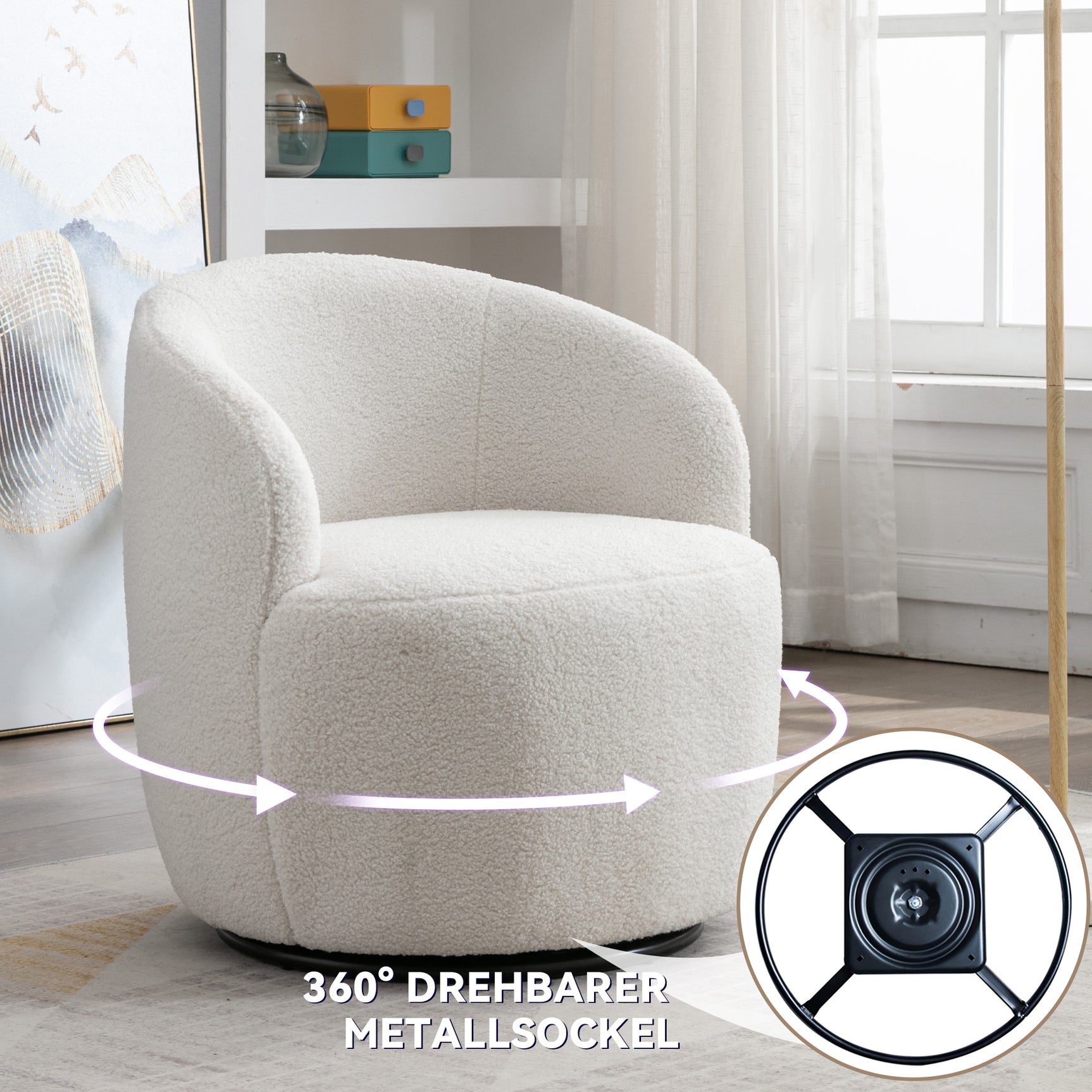 Drehstuhl im weißen Teddy -Stoff, Eierdesign mit gepolsterter Rückenlehne und 360 ° -Drehbasis