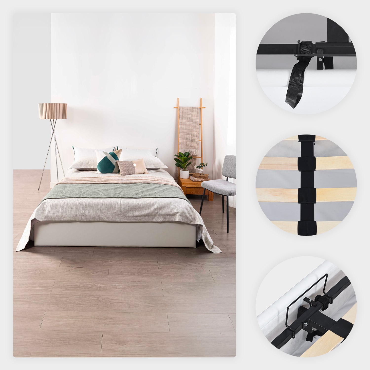 Lit coffre 2 places (140x190) avec sommier à lattes au style scandinave en similicuir blanc - MAJESTY