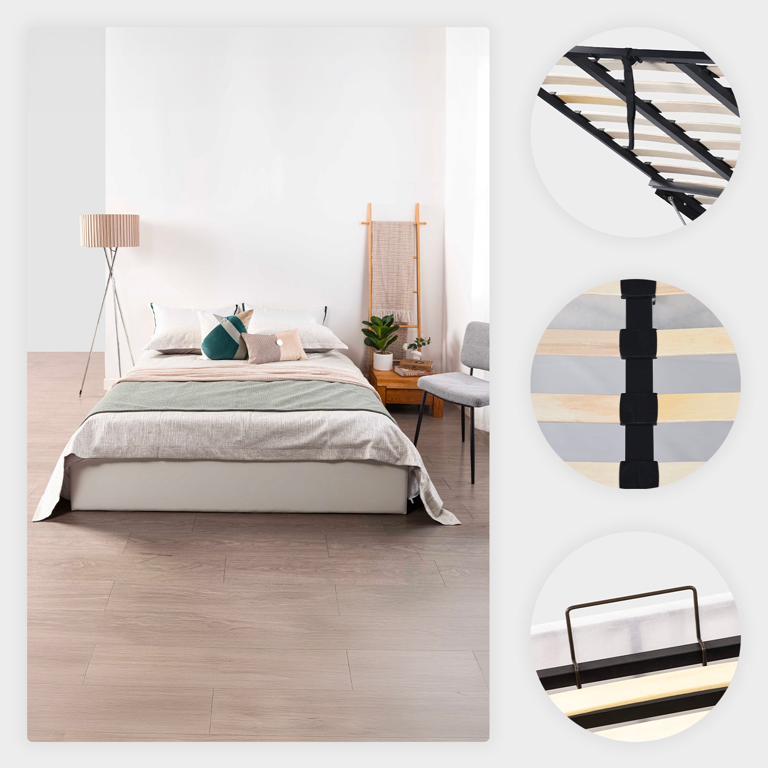 Lit coffre 2 places (160x200) avec sommier à lattes au style scandinave en similicuir blanc - MAJESTY