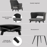 Ensemble de salle à manger composé d'une table ronde en chêne et de deux fauteuils en tissu gris, scandinave pour la salle à manger