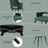 Ensemble table à manger ronde en chêne avec pieds en forme de X et 2 fauteuils en tissu vert de style scandinave pour salle à manger