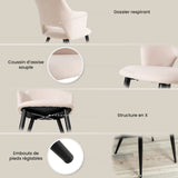 Ensemble table à manger ronde en chêne avec pieds en forme de X et 4 fauteuils en tissu beige de style scandinave pour salle à manger