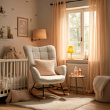 Fauteuil à bascule allaitement scandinave avec accoudoirs en tissu beige à surpiqûres - FUNKEL